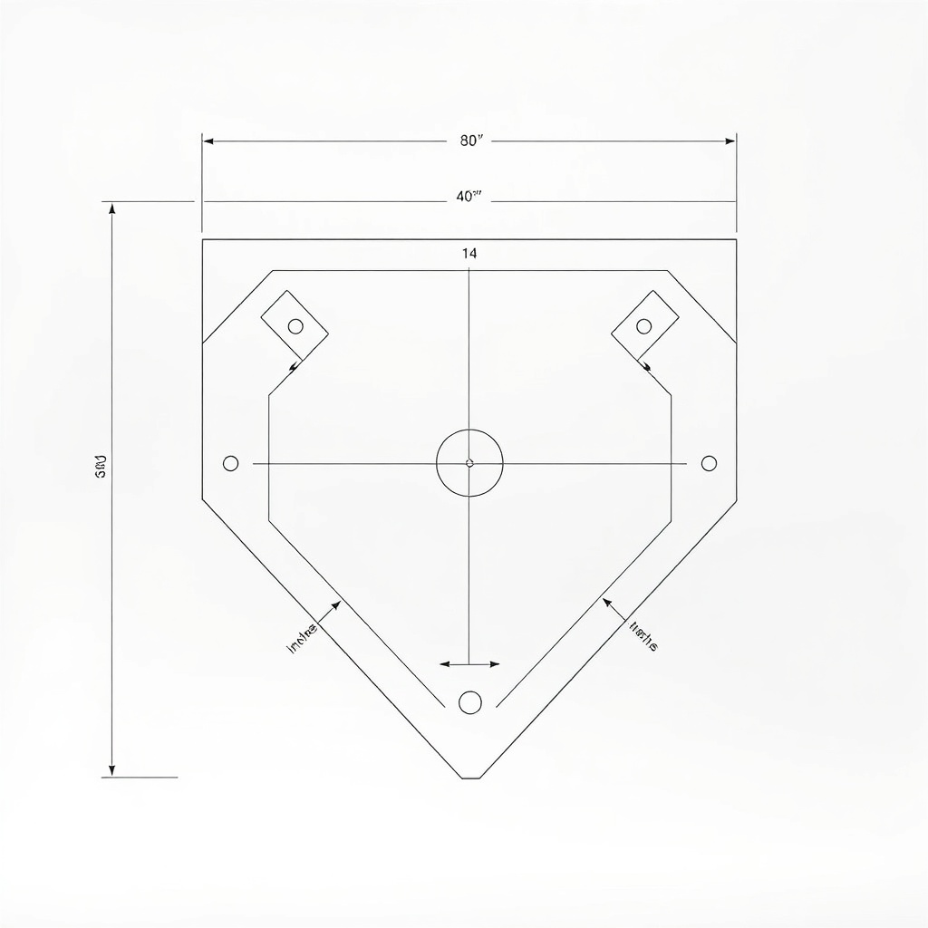 홈플레이트의 정확한 치수와 각도를 표시한 설계 다이어그램