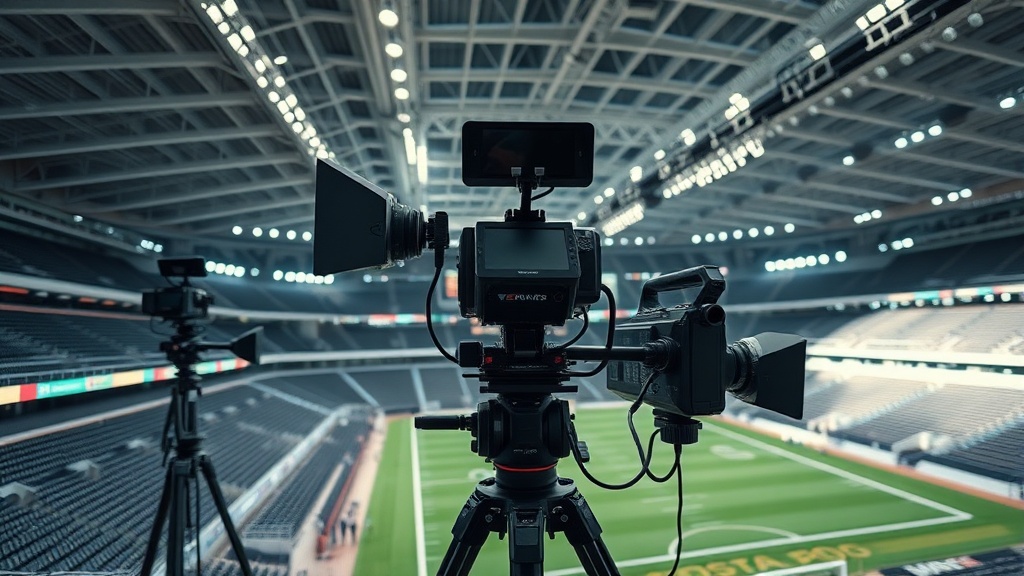 경기장 곳곳에 배치된 추적 카메라와 기술 장비를 보여주는 이미지